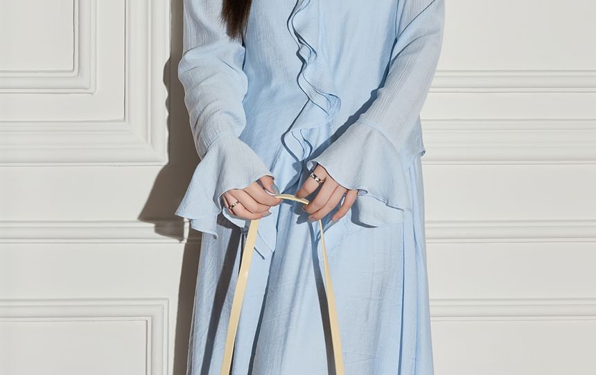 V-Neck Ruffle Blouse & Asymmetrical Midi A-Line Skirt Set