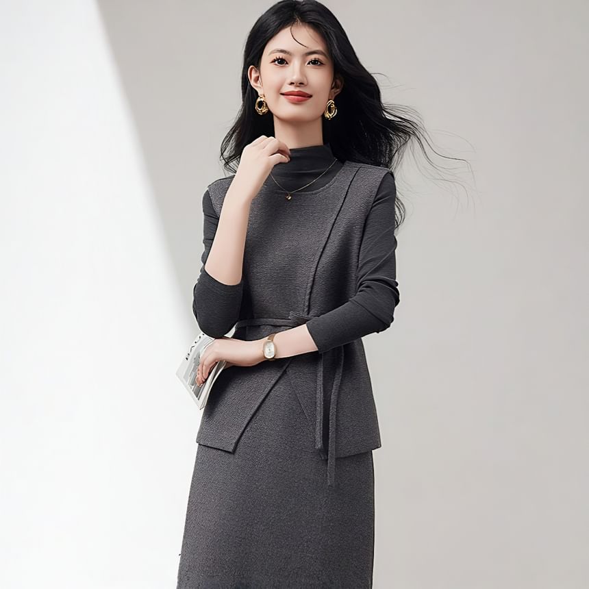 Mock Neck Melange Tee, Sashed Vest & High Waist Pencil Skirt Set