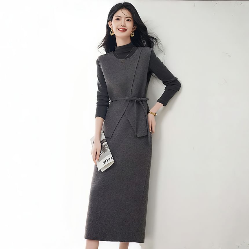 Mock Neck Melange Tee, Sashed Vest & High Waist Pencil Skirt Set