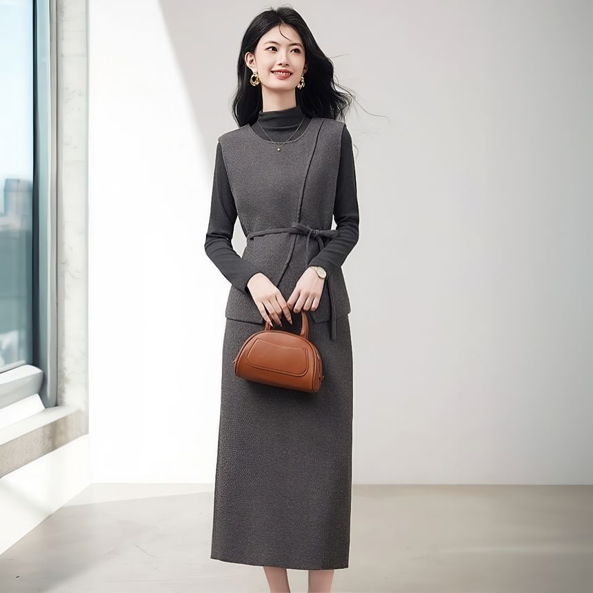 Mock Neck Melange Tee, Sashed Vest & High Waist Pencil Skirt Set