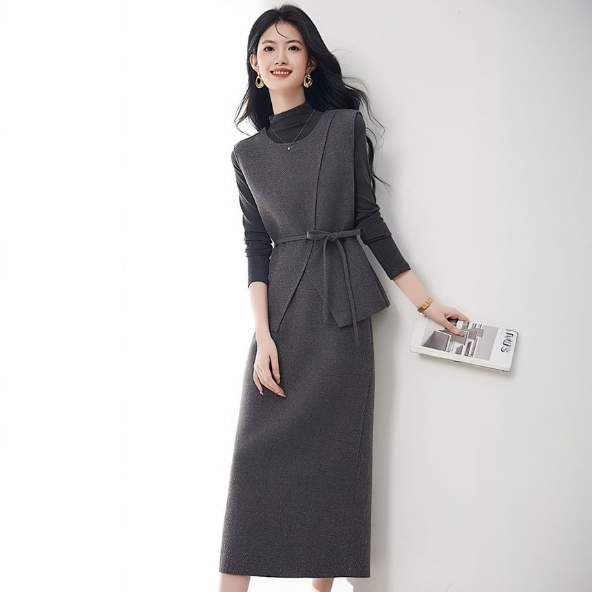 Mock Neck Melange Tee, Sashed Vest & High Waist Pencil Skirt Set