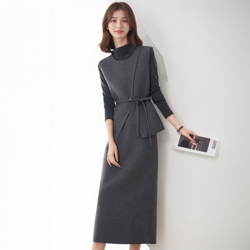 Mock Neck Melange Tee, Sashed Vest & High Waist Pencil Skirt Set