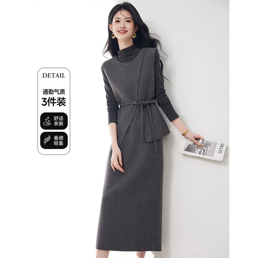 Mock Neck Melange Tee, Sashed Vest & High Waist Pencil Skirt Set