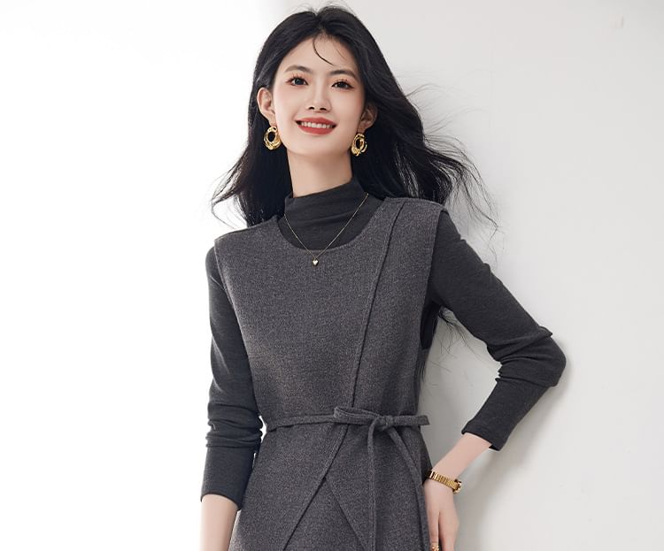 Mock Neck Melange Tee, Sashed Vest & High Waist Pencil Skirt Set