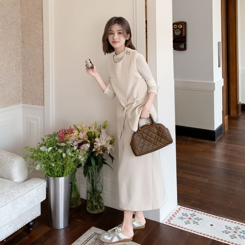 Round Neck Vest, Slim Tee & High Waist Midi H-Line Skirt Set