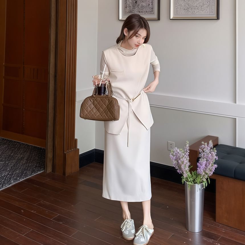 Round Neck Vest, Slim Tee & High Waist Midi H-Line Skirt Set