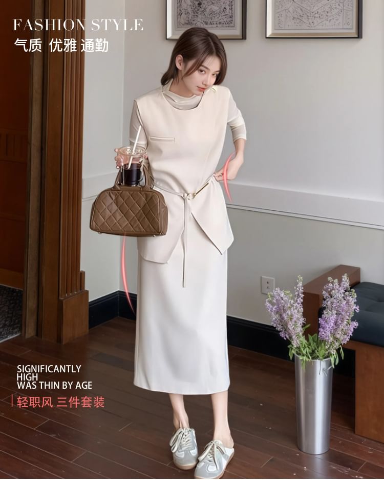 Round Neck Vest, Slim Tee & High Waist Midi H-Line Skirt Set