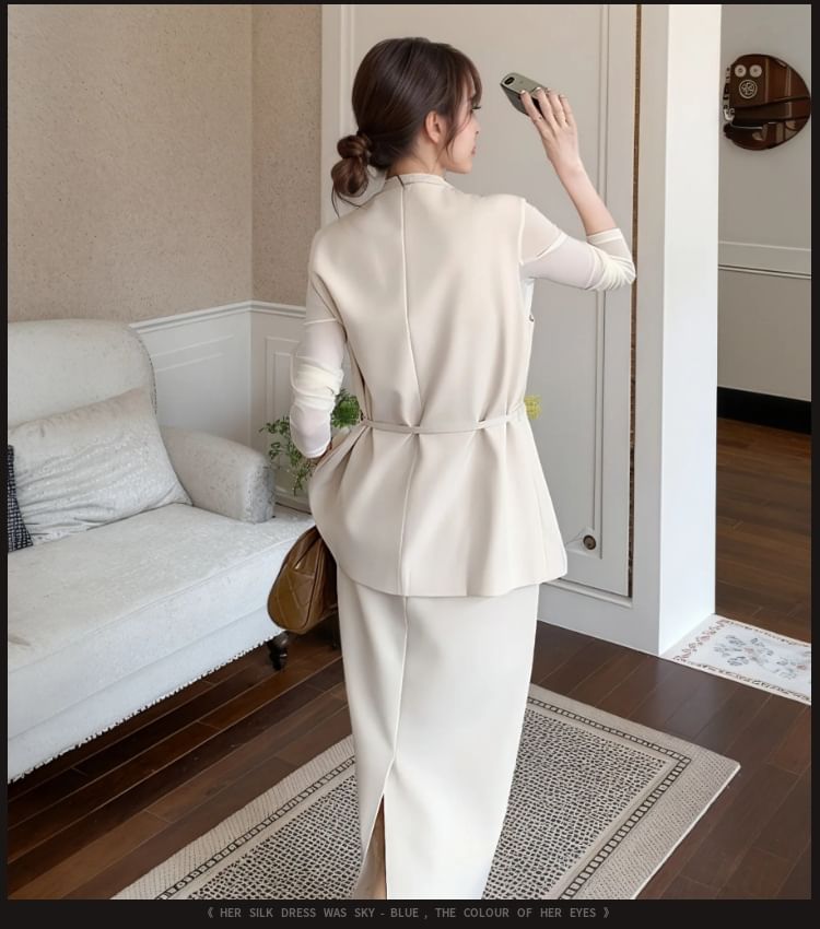 Round Neck Vest, Slim Tee & High Waist Midi H-Line Skirt Set