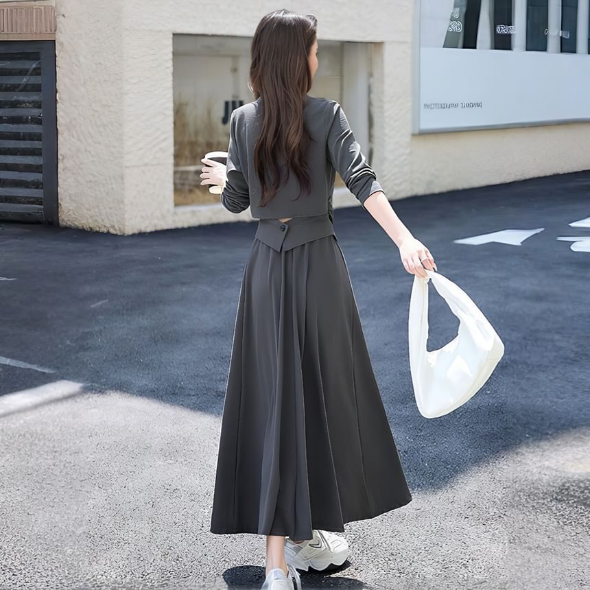 Crew Neck Asymmetrical Knit Top & Elastic Waist Midi A-Line Set