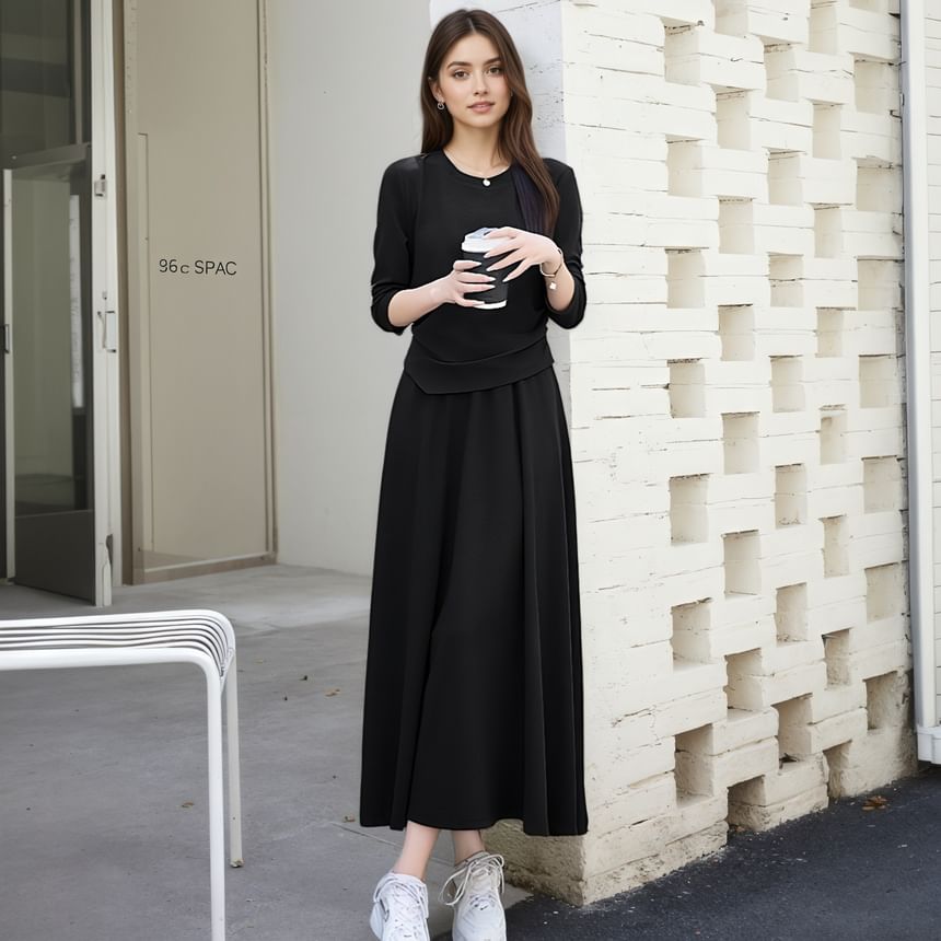 Crew Neck Asymmetrical Knit Top & Elastic Waist Midi A-Line Set