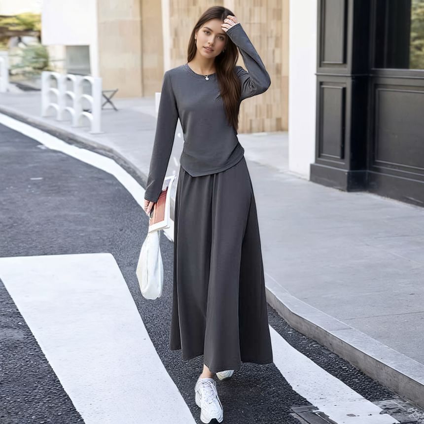 Crew Neck Asymmetrical Knit Top & Elastic Waist Midi A-Line Set