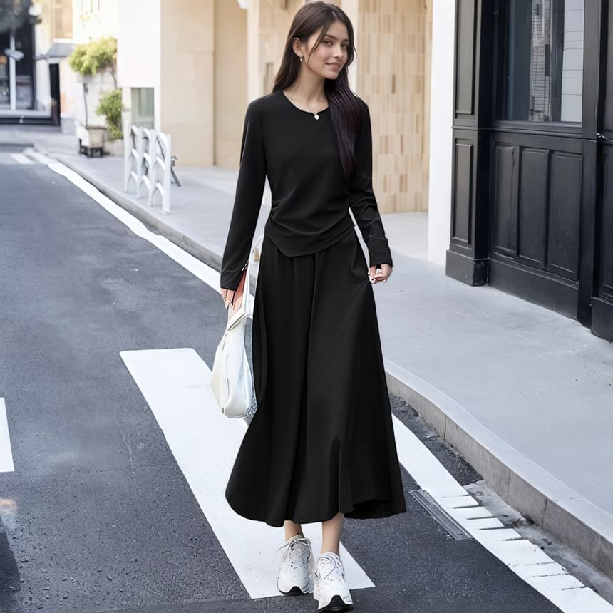 Crew Neck Asymmetrical Knit Top & Elastic Waist Midi A-Line Set