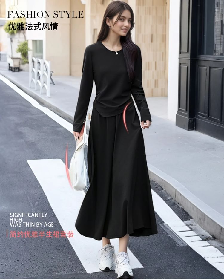 Crew Neck Asymmetrical Knit Top & Elastic Waist Midi A-Line Set