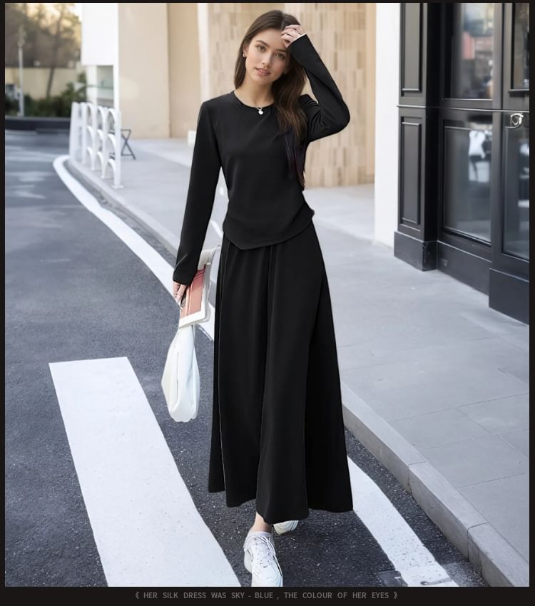 Crew Neck Asymmetrical Knit Top & Elastic Waist Midi A-Line Set