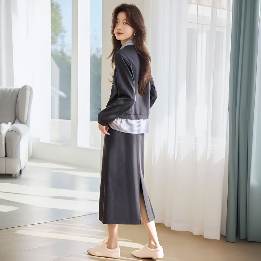 Mock Two-Piece Collar Striped Sweatshirt & High Rise Slit Skirt Set