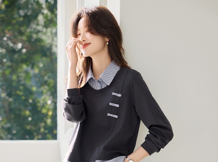 Mock Two-Piece Collar Striped Sweatshirt & High Rise Slit Skirt Set