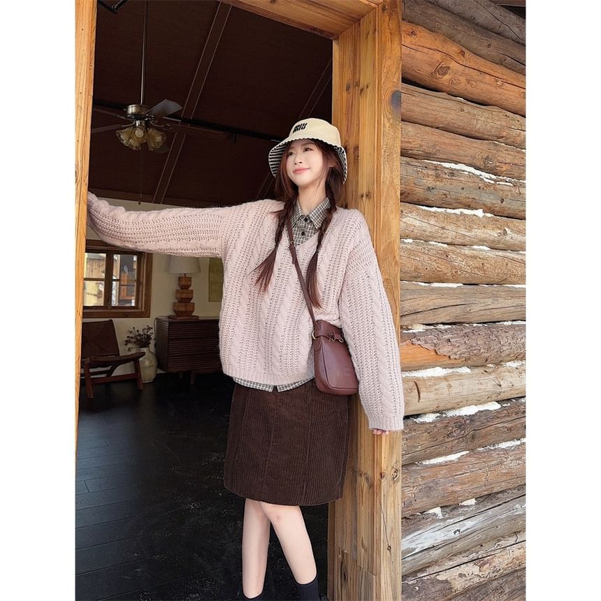 Plaid Shirt, V-Neck Cable Knit Sweater & High Waist Skirt Set