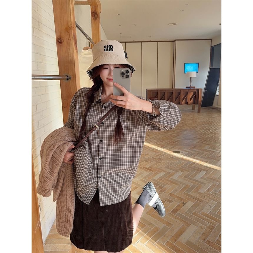Plaid Shirt, V-Neck Cable Knit Sweater & High Waist Skirt Set