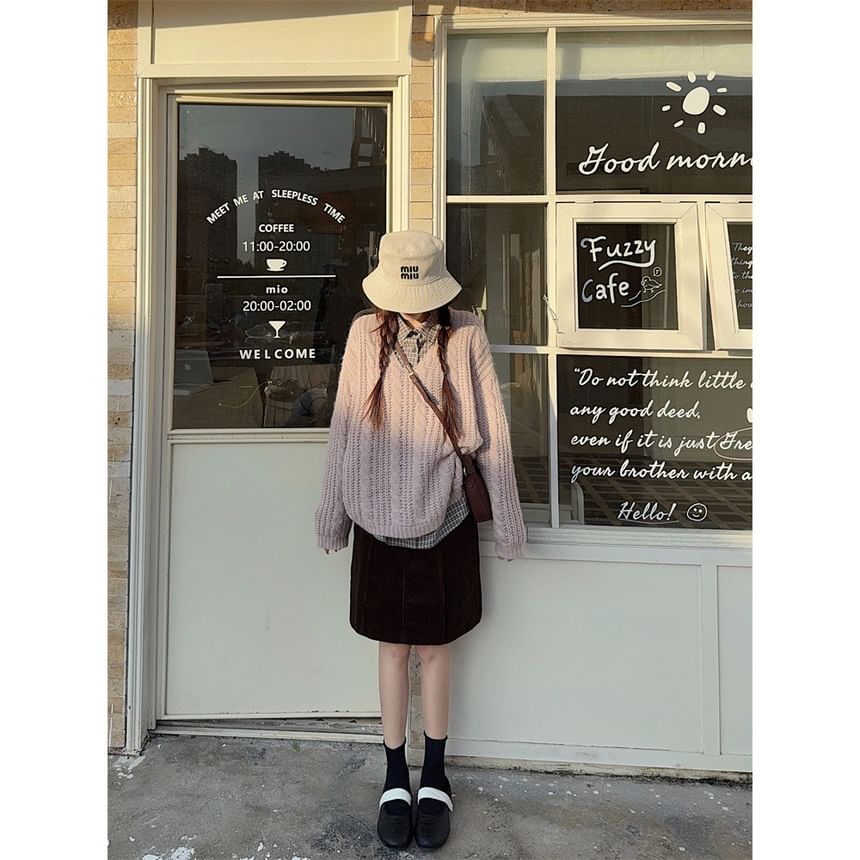 Plaid Shirt, V-Neck Cable Knit Sweater & High Waist Skirt Set