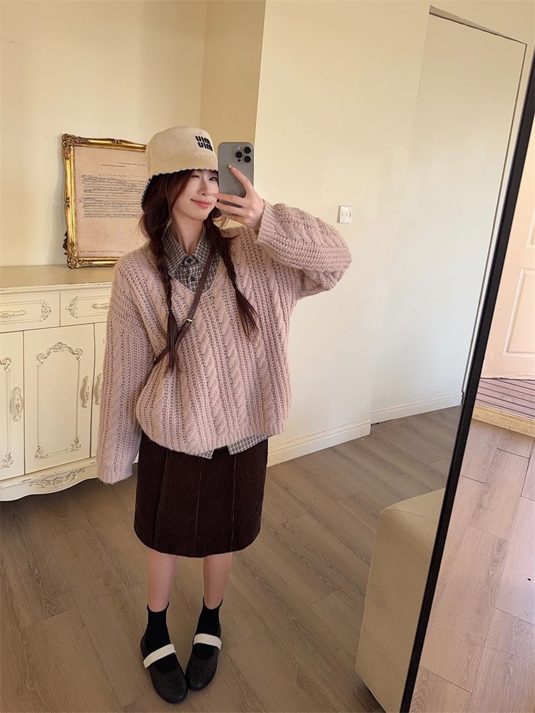 Plaid Shirt, V-Neck Cable Knit Sweater & High Waist Skirt Set