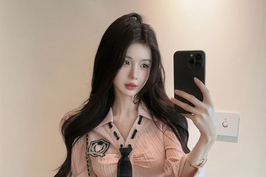 Collared Tie Neck Button Up Shirt & High Waist Plaid Mini Skirt