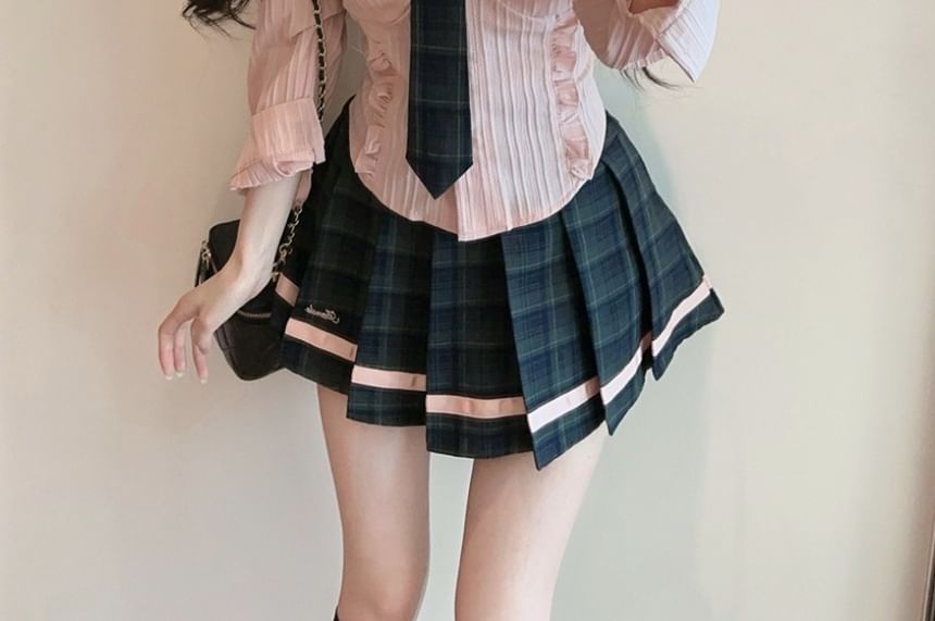 Collared Tie Neck Button Up Shirt & High Waist Plaid Mini Skirt