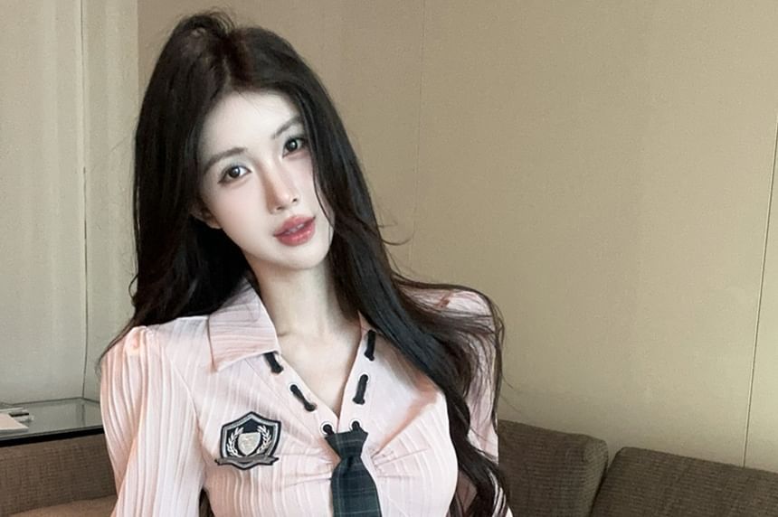 Collared Tie Neck Button Up Shirt & High Waist Plaid Mini Skirt
