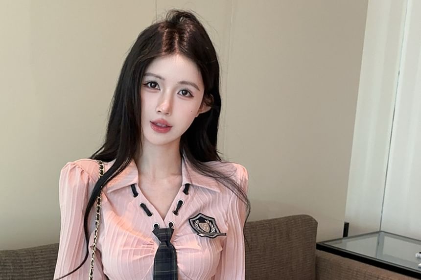 Collared Tie Neck Button Up Shirt & High Waist Plaid Mini Skirt