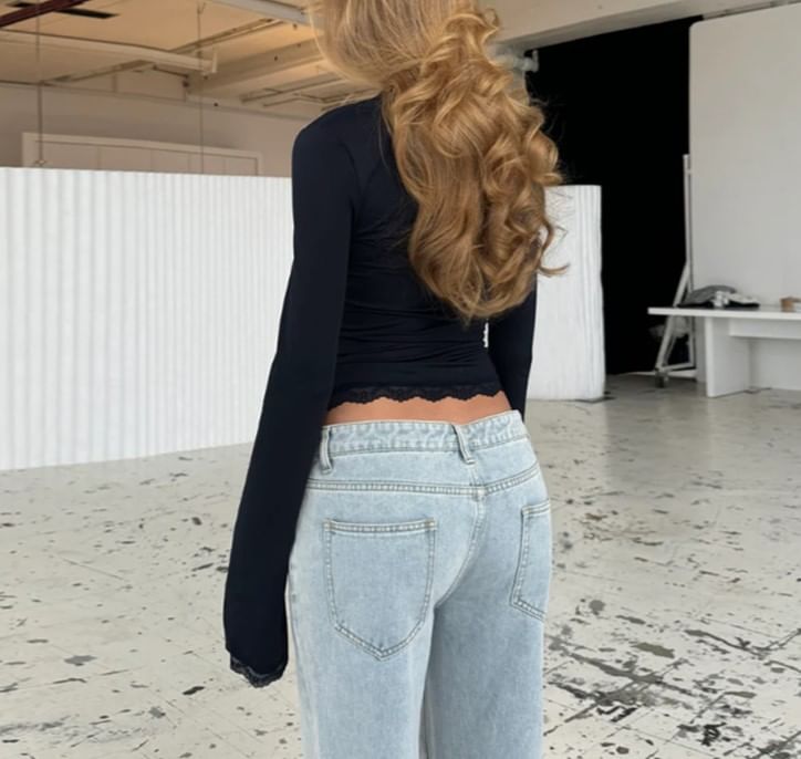 Square Neck Long Sleeve Lace Trim Fitted Crop Top