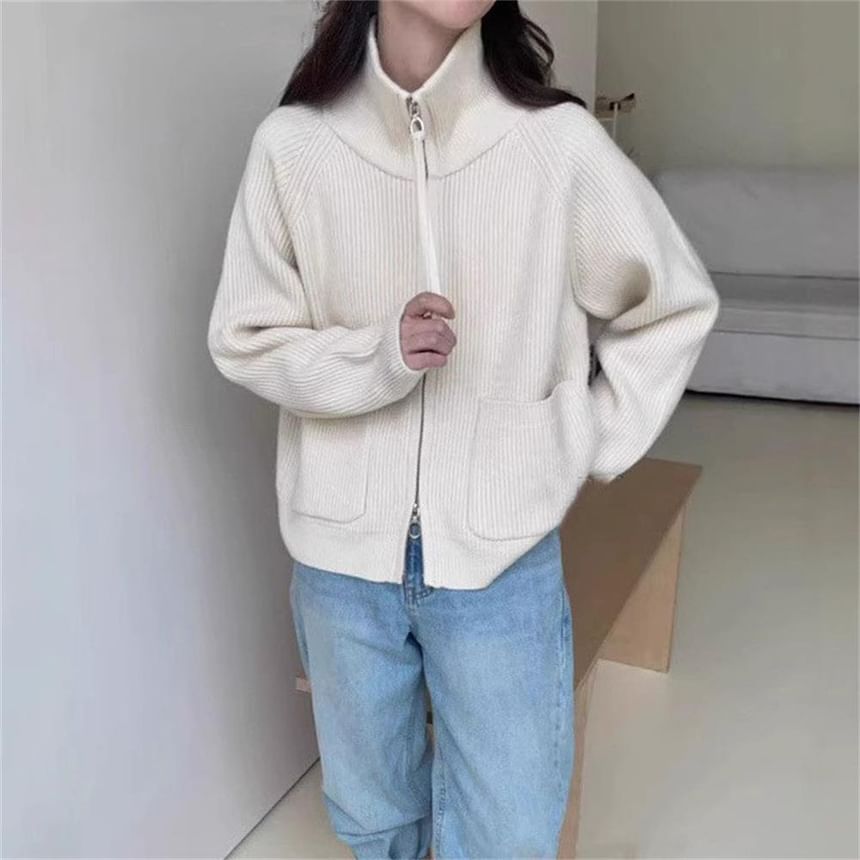 Stand Collar Zip-Up Plain Cardigan