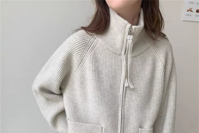 Stand Collar Zip-Up Plain Cardigan