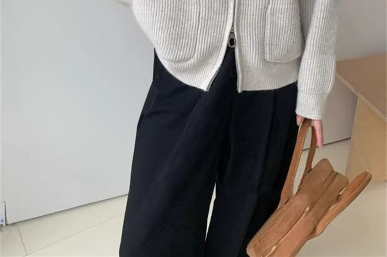 Stand Collar Zip-Up Plain Cardigan