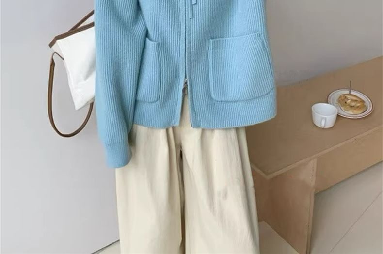 Stand Collar Zip-Up Plain Cardigan