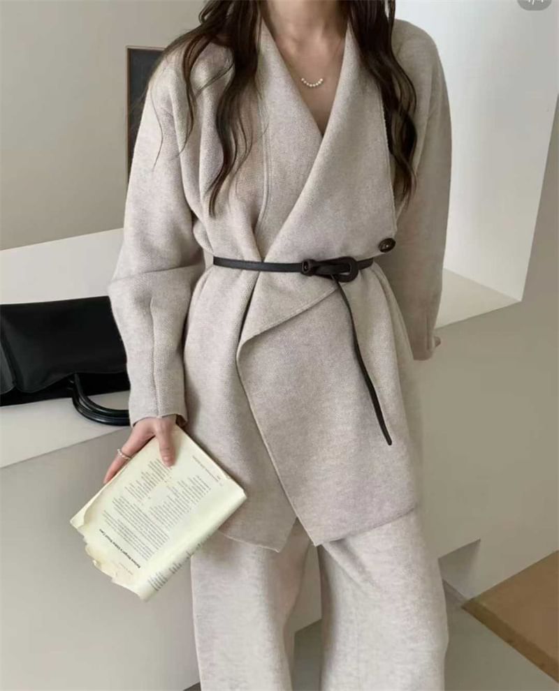 Set: Waterfall Collar Plain Cardigan + High Waist Wide Leg Pants