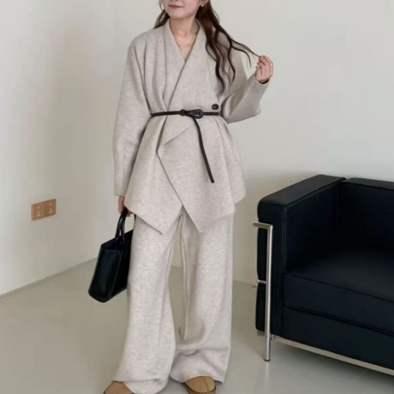 Set: Waterfall Collar Plain Cardigan + High Waist Wide Leg Pants