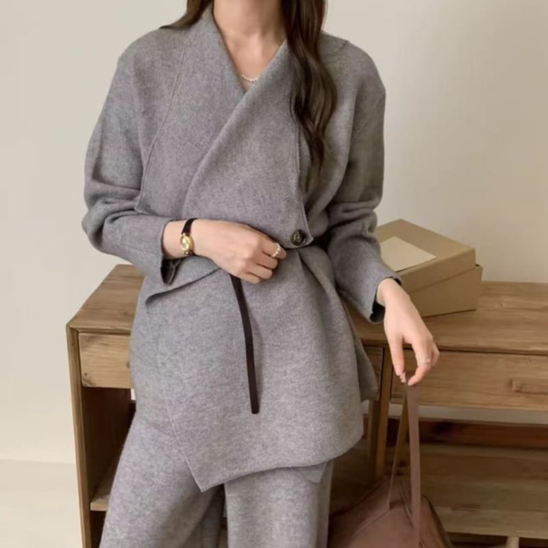 Set: Waterfall Collar Plain Cardigan + High Waist Wide Leg Pants