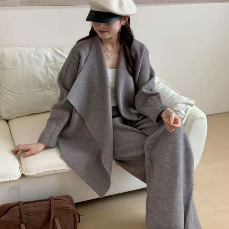 Set: Waterfall Collar Plain Cardigan + High Waist Wide Leg Pants