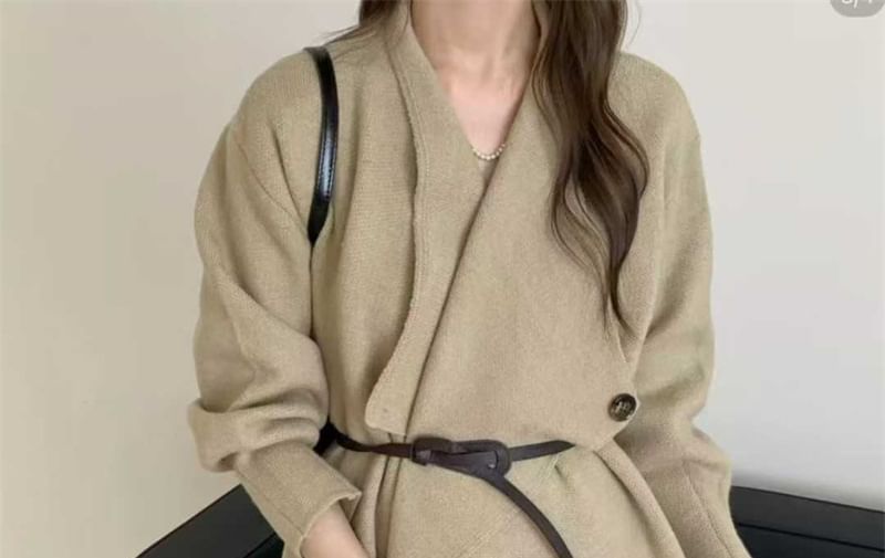 Set: Waterfall Collar Plain Cardigan + High Waist Wide Leg Pants