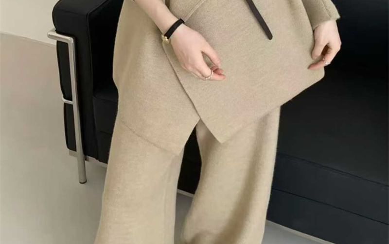 Set: Waterfall Collar Plain Cardigan + High Waist Wide Leg Pants