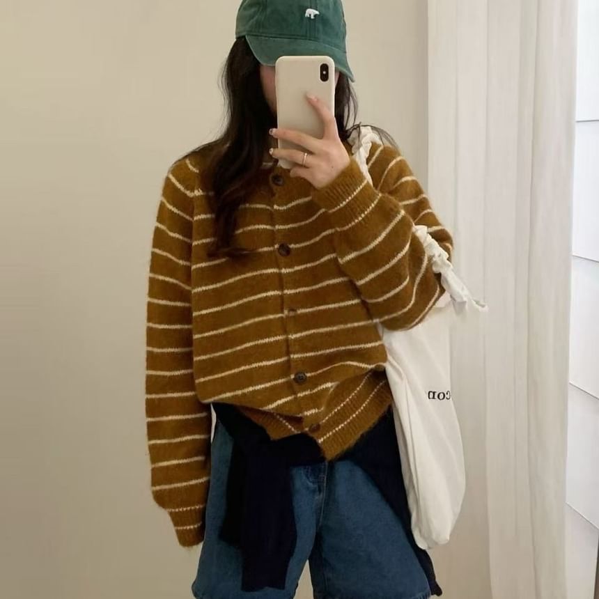 Crew Neck Striped Button-Up Cardigan