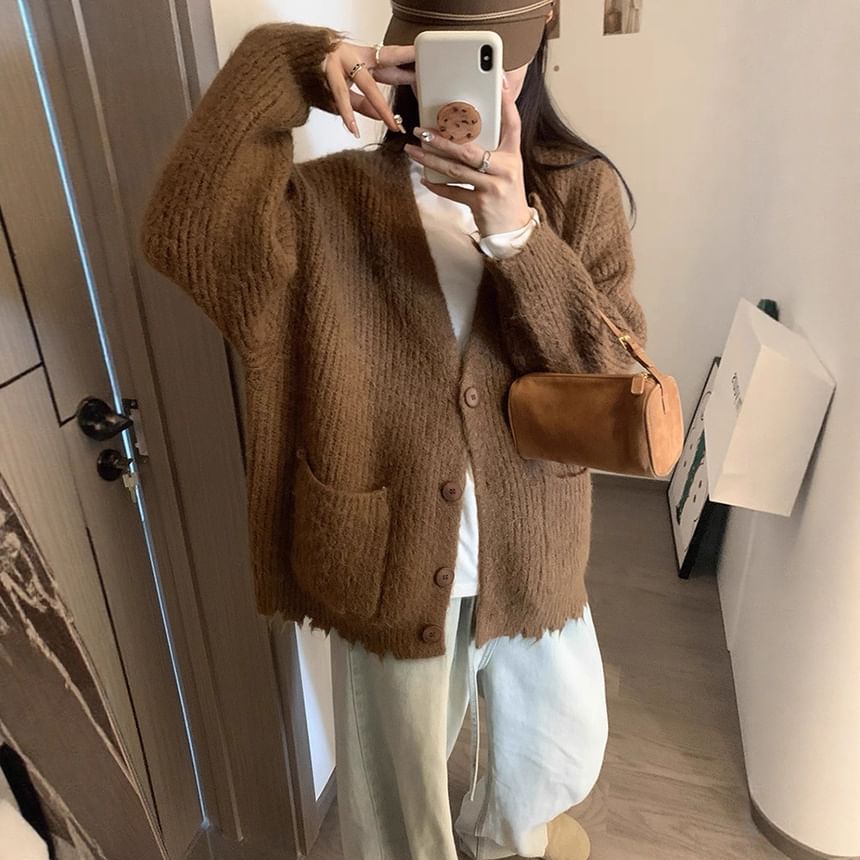 V-Neck Frayed Button-Up Plain Cardigan