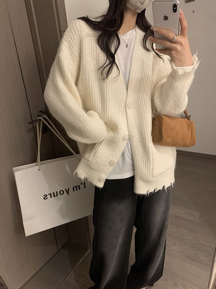 V-Neck Frayed Button-Up Plain Cardigan