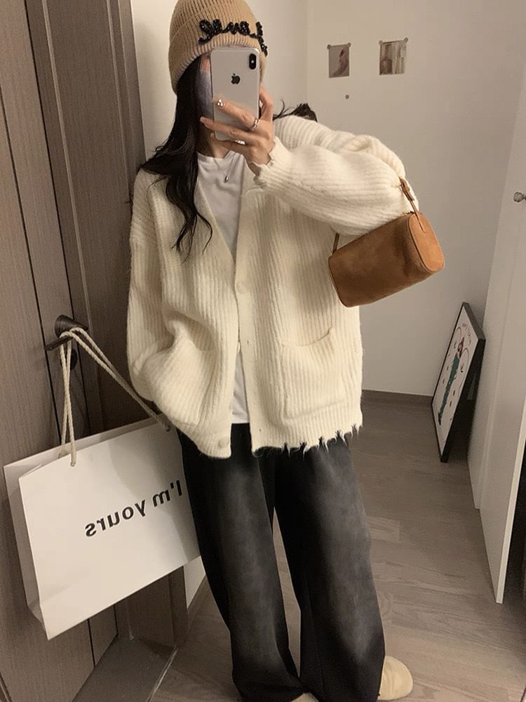 V-Neck Frayed Button-Up Plain Cardigan