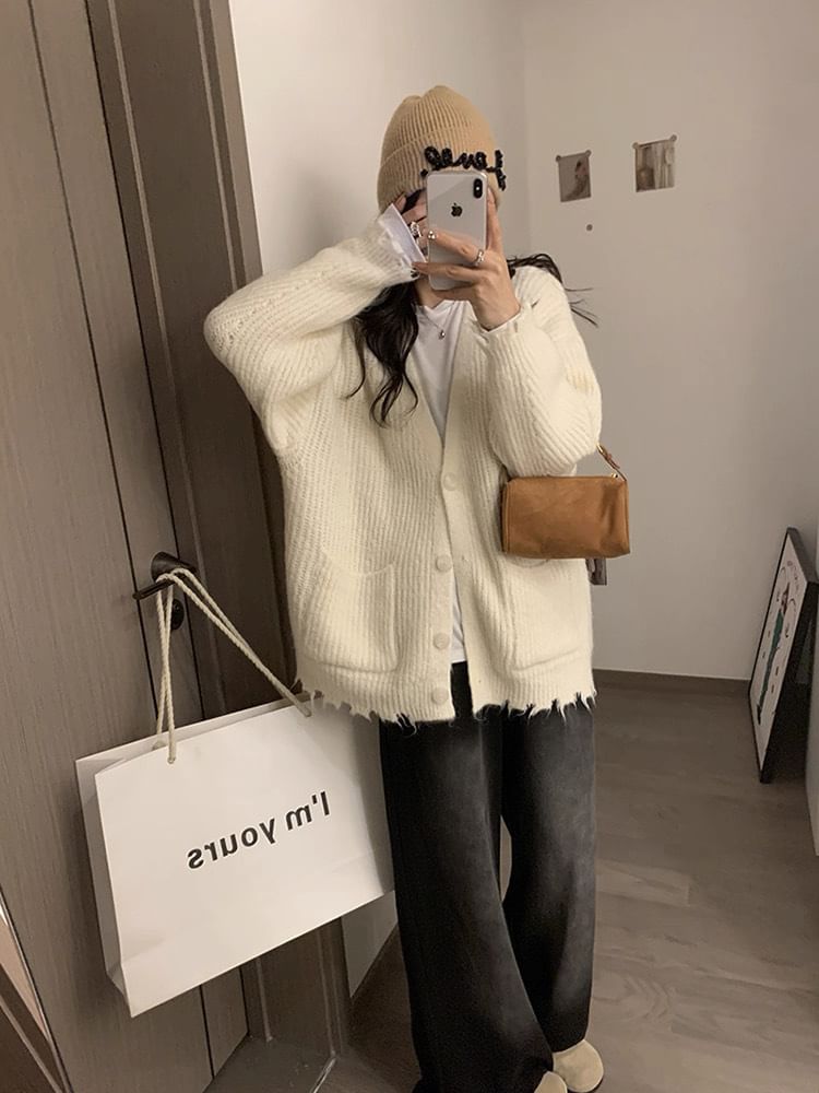 V-Neck Frayed Button-Up Plain Cardigan