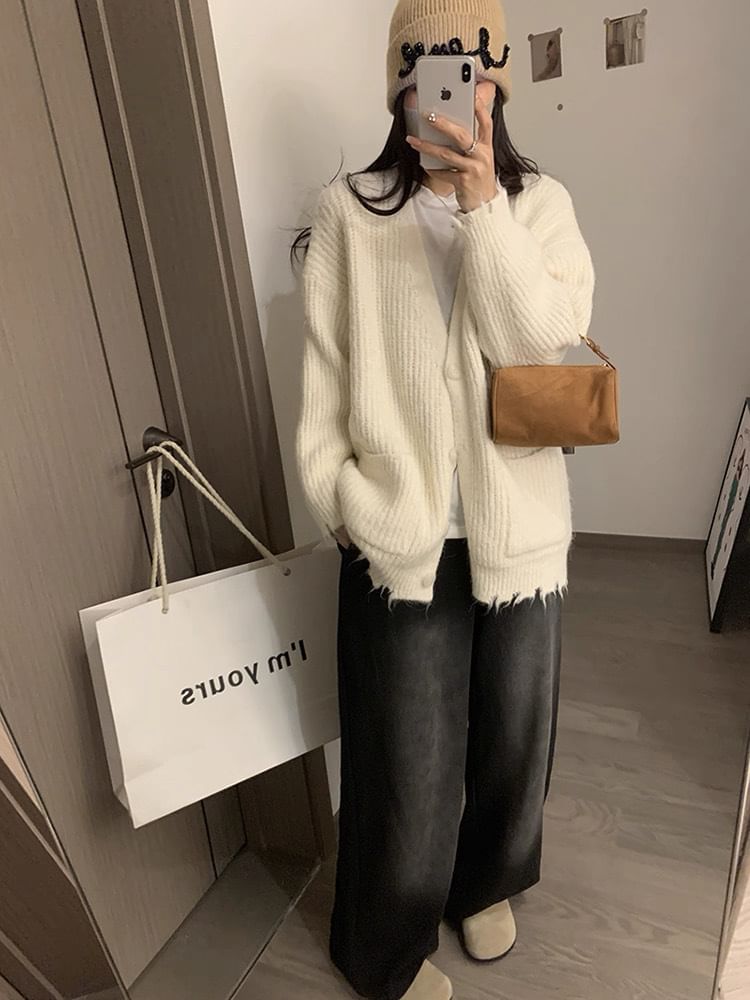V-Neck Frayed Button-Up Plain Cardigan