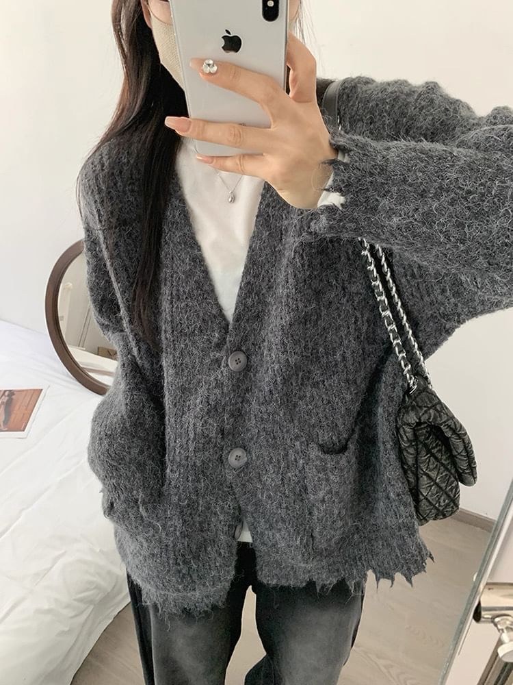 V-Neck Frayed Button-Up Plain Cardigan