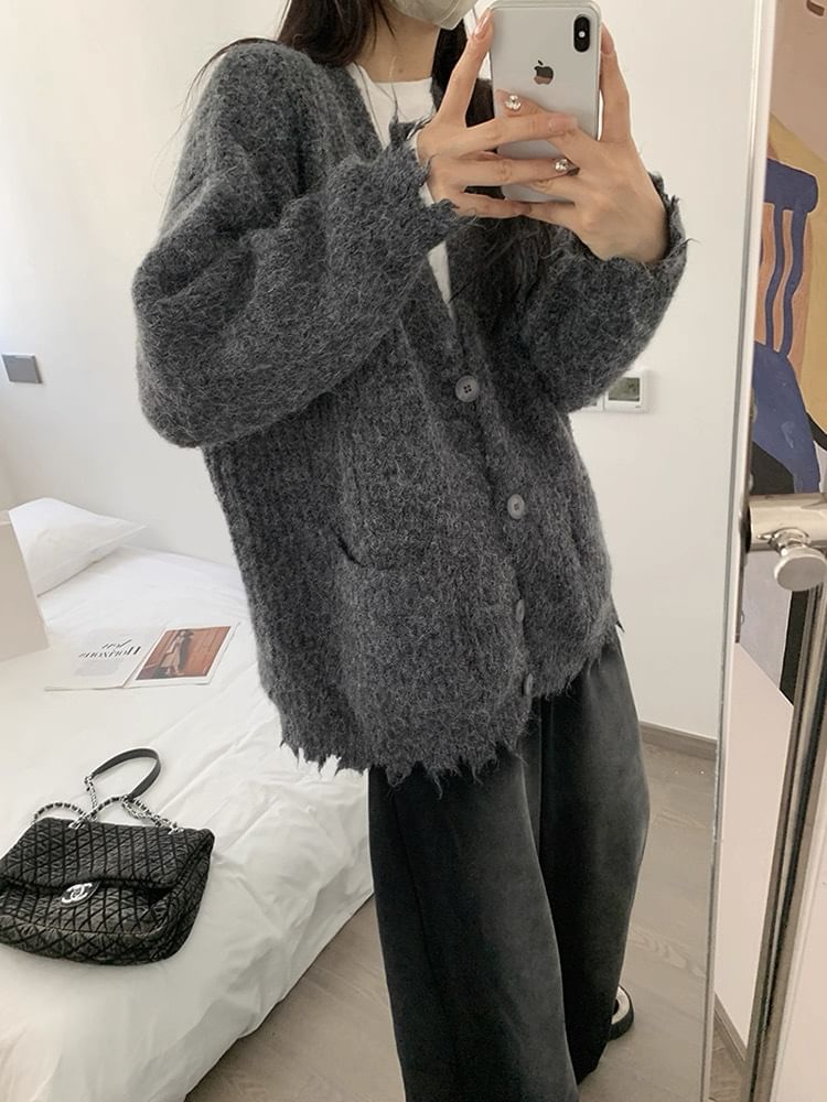 V-Neck Frayed Button-Up Plain Cardigan