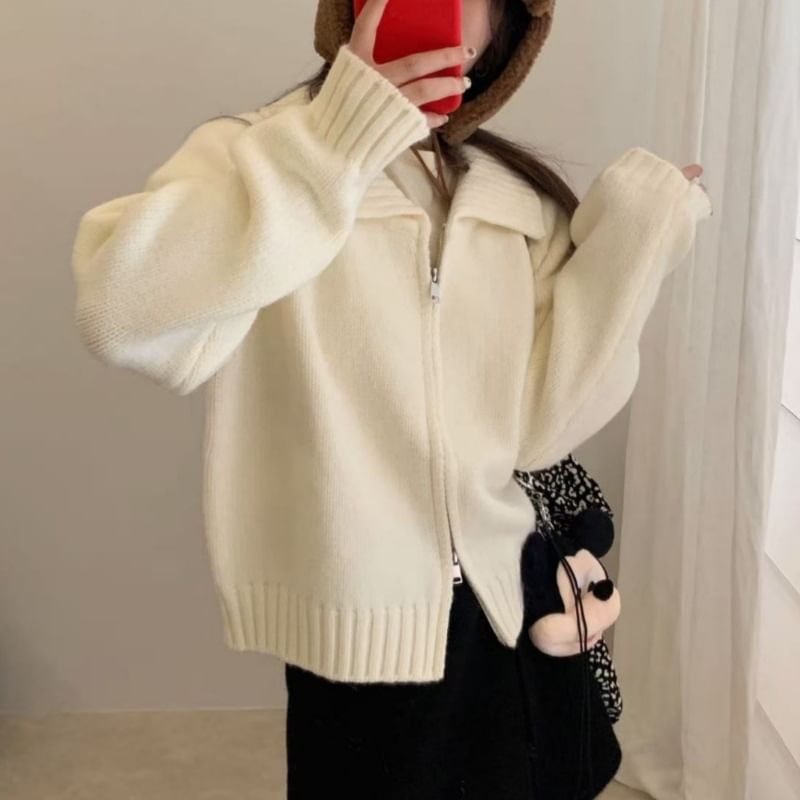 Collared Zip-Up Plain Cardigan