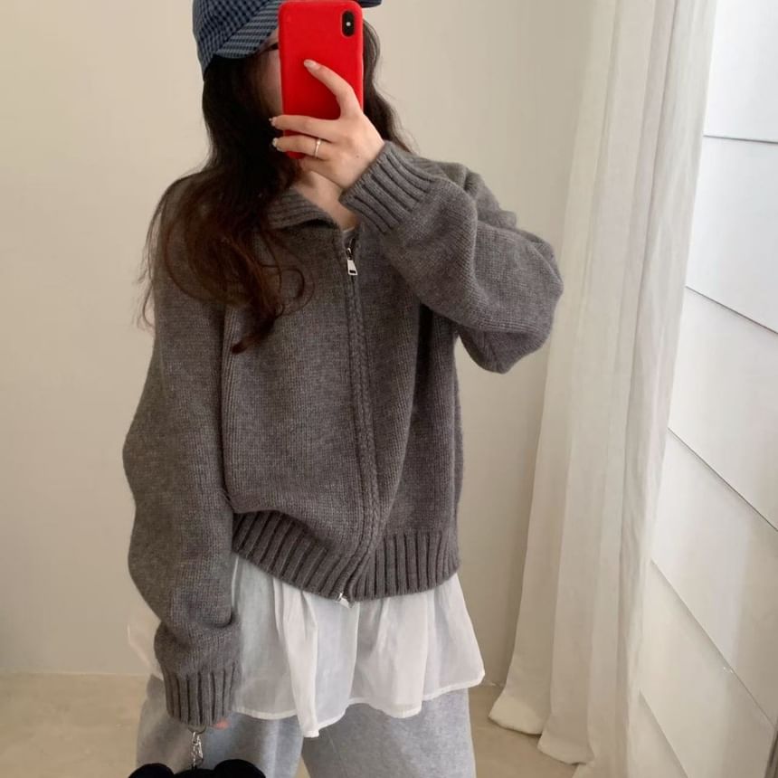Collared Zip-Up Plain Cardigan