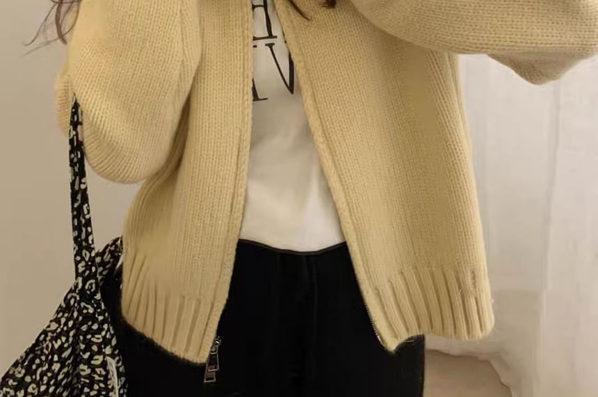 Collared Zip-Up Plain Cardigan